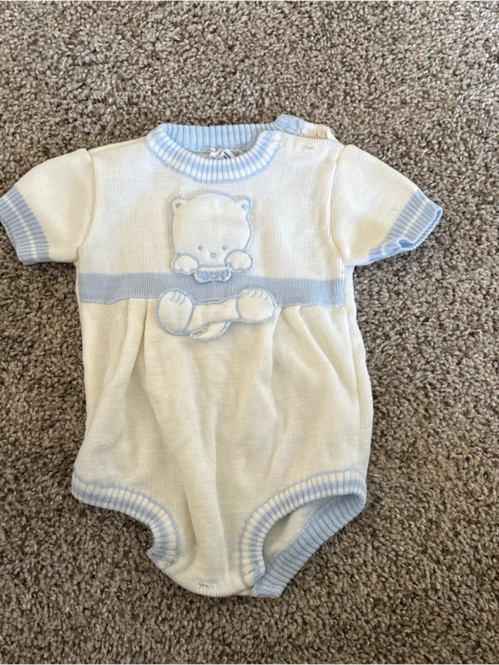 Classic Knit Baby One-Piece in Cream and Light Blue